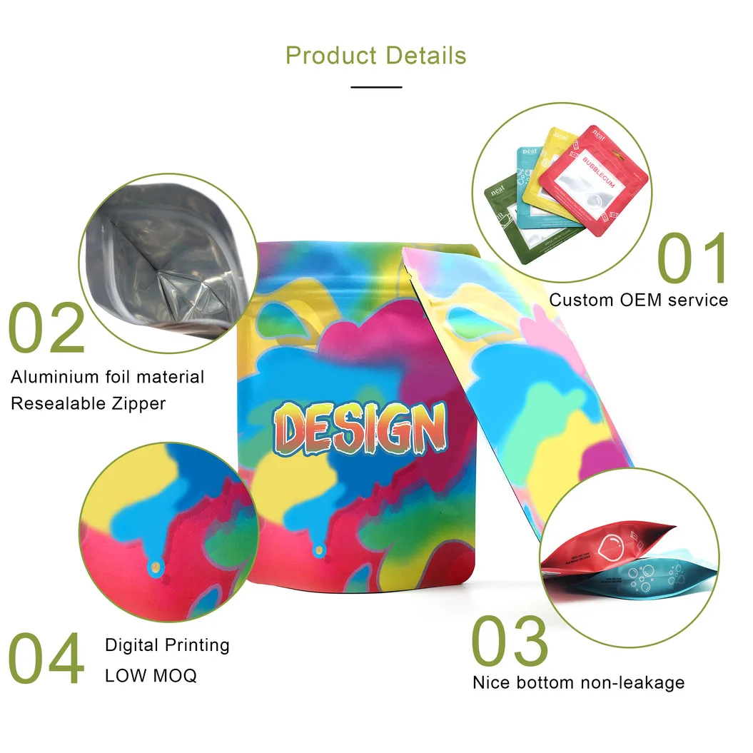 Factory OEM bolsa de plastico Aluminum Foil Stand Up Pouch Snack Doypack Soft Touch Smell Proof 1g 3.5g Mylar Bags Custom Printed 3 photobank 2 mylar bags custom printed