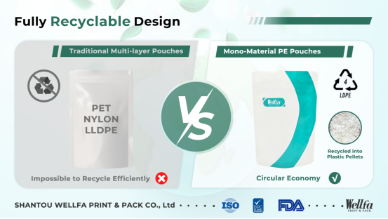 Откройте для себя устойчивые упаковочные решения: Recyclable Mono-Material PE Pouches manufacturer in China 2 Fully Recyclable Design