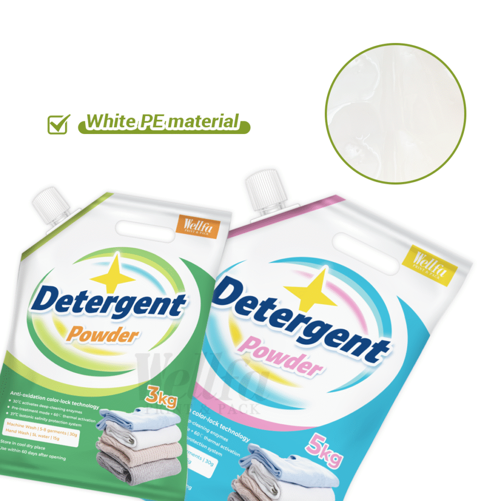 Custom Printed White PE Material Ergonomic Handle Detergent Powder Spout Bag
