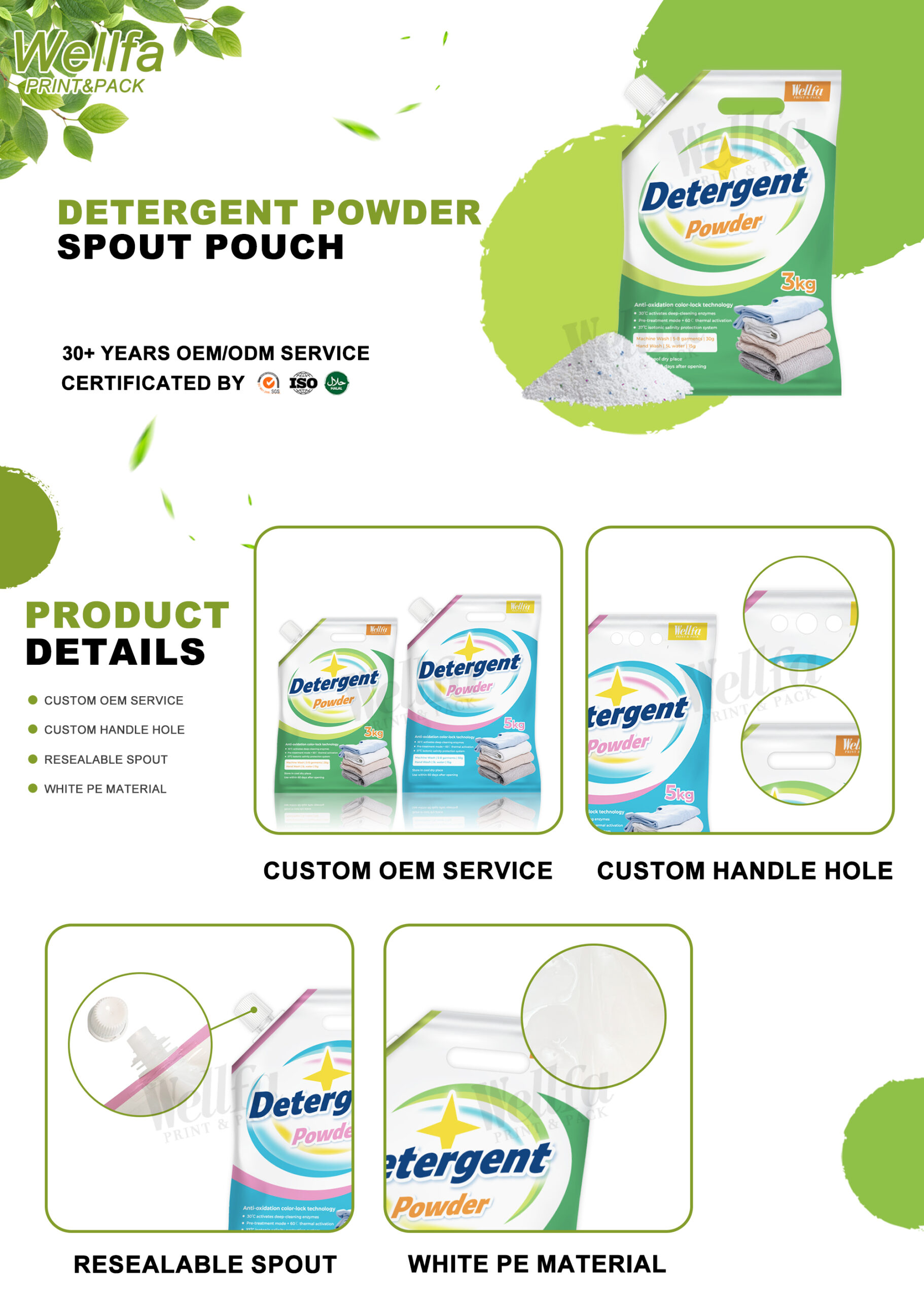 Custom Printed White PE Material Ergonomic Handle Detergent Powder Spout Bag 1 detergent powder pouch details scaled spout bag