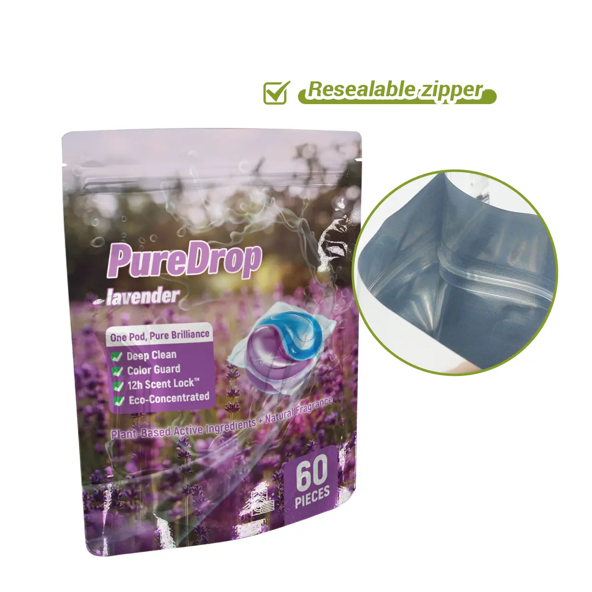 Manufacturer Aluminum Foil Stand up Bag Resealable Zipper Plastic Bags High Barrier Laundry Detergent Pods Doypack