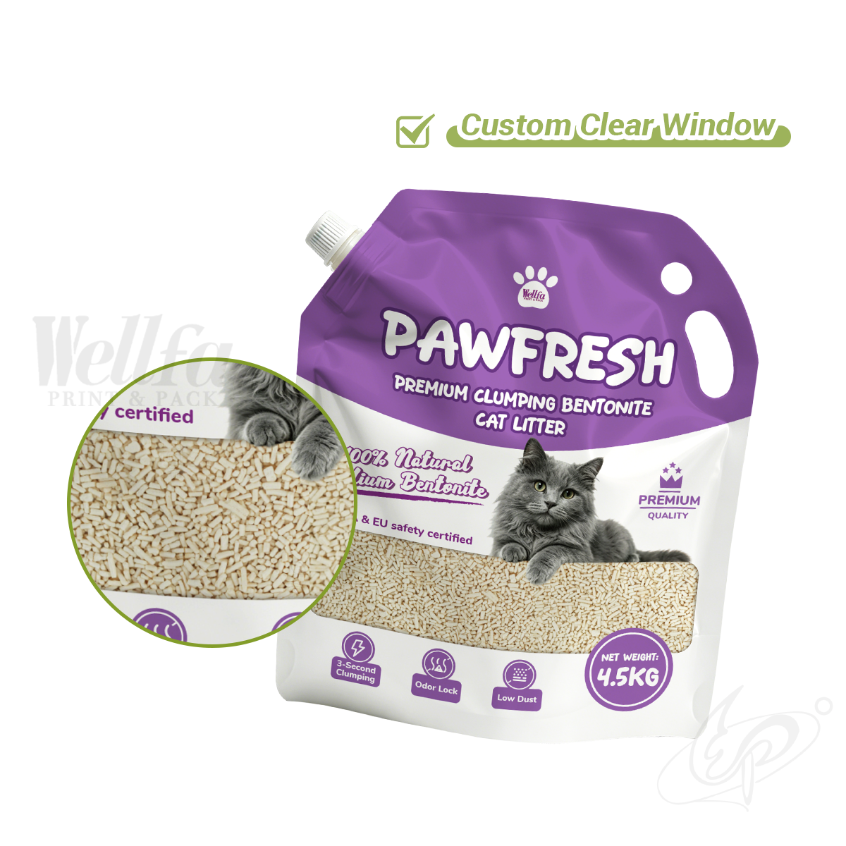 2.5kg 4.5kg Cat Litter Packaging with Spout Clear Window Handle