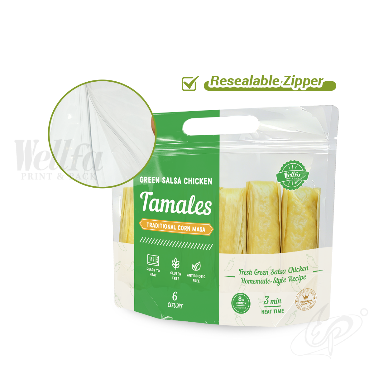 Tamales Doypack with Handle Resealable Stand Up Pouch With Zipper