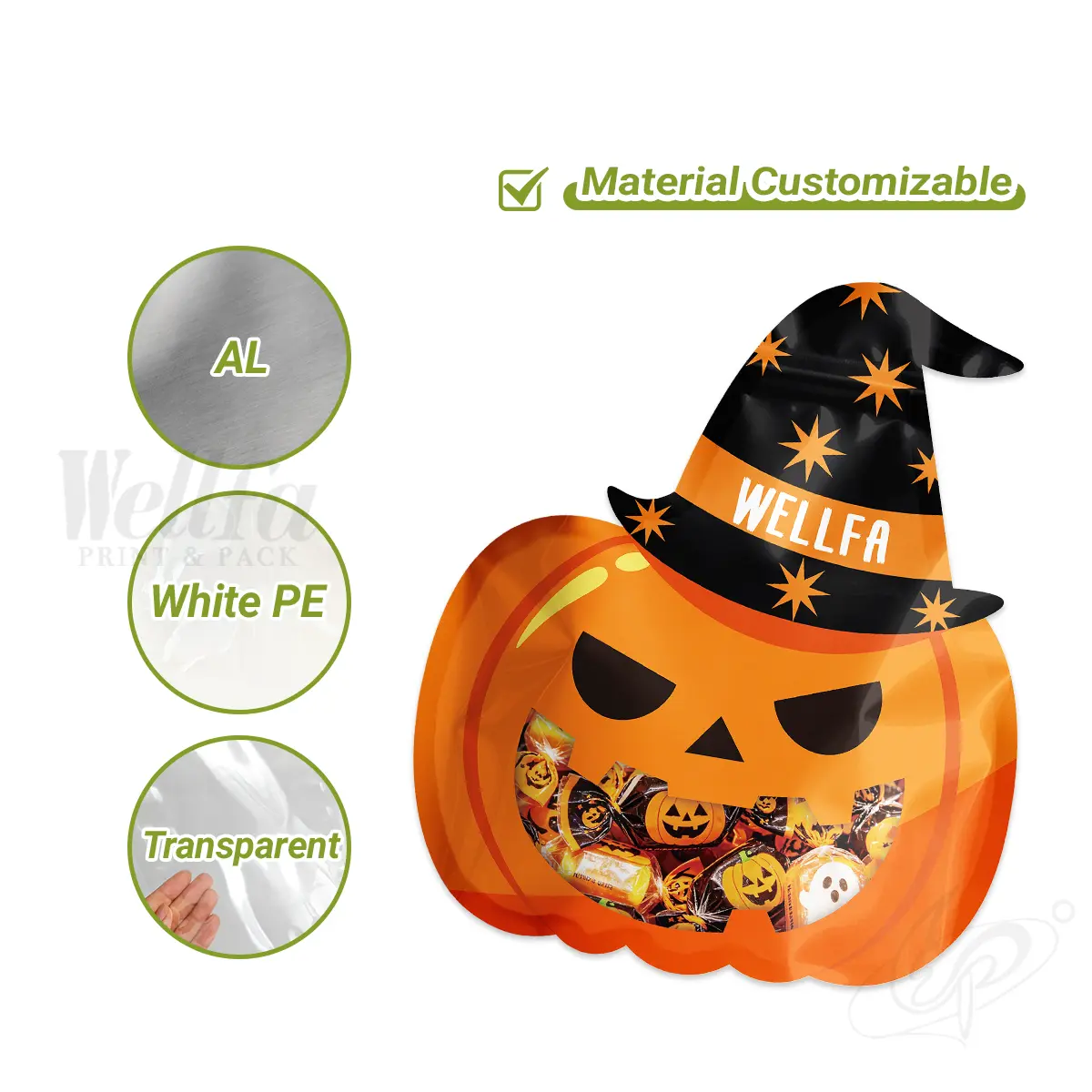 Halloween Pumpkin Witch Hat Shaped Candy Snacks Die Cut Sachet Bag