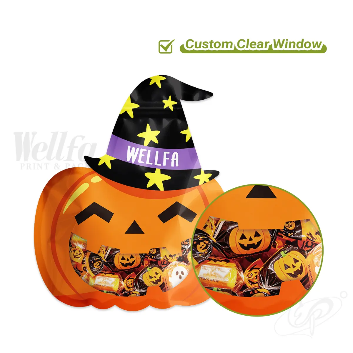 Halloween Pumpkin Witch Hat Shaped Candy Snacks Die Cut Sachet Bag